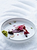 Beetroot, belper knolle and imperial caviar on serving dish
