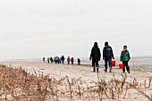 Group of children with caregivers on beach in Wadden, Germany