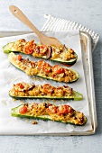 Stuffed zucchini in serving bowl, elevated view