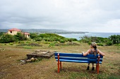 Empty blue bench on Lesser Antilles at Caribbean island, Barbados