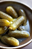 Close-up of gherkins in bowl