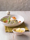 Soft-boiled egg on a cucumber medley with tarragon and shrimps