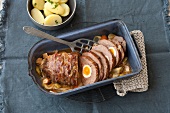 Meat loaf with egg in baking dish