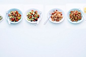 Various salads with tomatoes on plates on white background