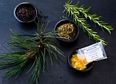 Herbs in bowl with spruce and rosemary leaves