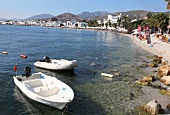 Motor boats moored on beach in Bodrum, Aegean Region, Turkey