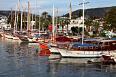 Boats moored at harbor in Bodrum Aegean Region, Turkey
