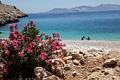 People on beach with mountain ranges in background, Aegean, Turkey
