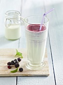 Glass of blueberry yogurt drink