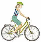 Frau fährt Fahrrad, grünes Damenrad, mit Helm, Illustration