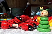 Close-up of colourful wooden toys for children
