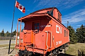 View of red old train at Saskatchewan Museum in Nokomis, Canada