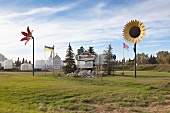 View of Balcarres sign board in garden, Saskatchewan, Canada