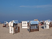 View of beach chairs on Spiekeroog beach in Lower Saxony, Germany