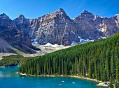 View of Moraine Lake, Glacier and canoes in Banff National Park, Alberta, Canada