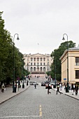 View of streets of Karl Johan Gate overlooking The Royal Castle, Oslo, Norway