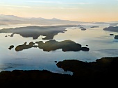 Aerial view of Vancouver Islands and sea with fog in British Columbia, Canada