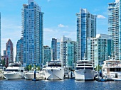 View of boats moored on port of Yaletown, Vancouver, British Columbia, Canada