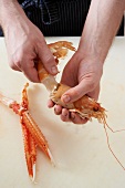 Close-up of chef's hands preparing lobster with dip