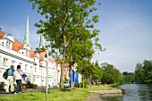 People walking in front of Lubeck Cathedral, Lubeck, Schleswig Holstein, Germany