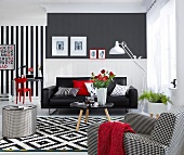 View of living room in red, grey and white