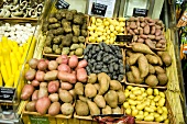 Varieties of potatoes in baskets, Dublin, Ireland