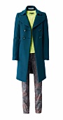 Green sweater, blue coat and pants against white background