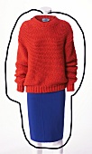 Red chunky sweater and blue pencil skirt on mannequin against white background