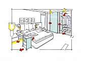 Illustration of bedroom with bed, dinner trolley, cabinet and wardrobe with coathanger