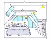 Dachraum, Dachgiebel, Schlafraum, Dachschrägen, Gestaltung