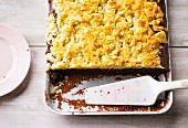 Chocolate butter tray bake cake with almonds