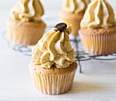Coffee cupcakes with buttercream and mocha beans