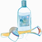 An illustration of mouth hygiene utensils, floss, a tongue scrapper and mouth wash