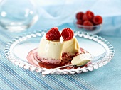 Cream pudding with raspberries and raspberry sauce