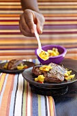 Ostrich steak with a chilli and pineapple chutney