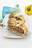 Mincemeat strudel with pepper and sweetcorn