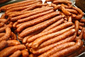 Smoked Hungarian Sausages on Display at Market