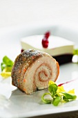 Char roulade with a beetroot cream terrine
