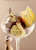 Bergamotte ice cream with chocolate and physalis