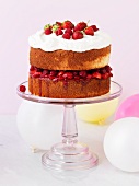 A strawberry and raspberry cake on the cake stand