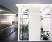 Pflanzen in teilverglastem Treppenhaus neben spiegelnden Fronten einer offenen Edelstahlküche