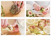 A medium artichoke being cleaned, the stem peeled, hairs being removed and the vegetable being placed into lemon water