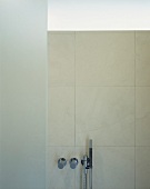 Contemporary hand shower on wall with tiles in natural shades