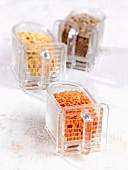 Red, yellow and brown laird lentils in boxes
