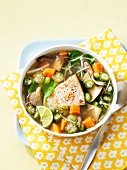 Vegetable soup with mushrooms and grilled fish
