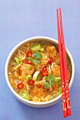 Spicy noodle soup with chicken, leek, chillis and coriander (Asia)