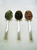 Various tea leaves on three spoons