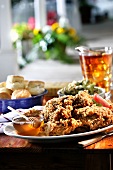 Platter of Fried Chicken with Honey; Bowl of Biscuits