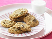 Chocolate Chip Cookies on a Plate; Glass of Milk