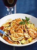 Plate of Shrimp and Vegetable Spaghetti with Fork